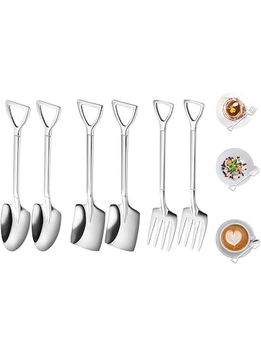 ELECDON 6 Pcs Stainless Steel Coffee Latte Spoon, Shovel Spoon and Fork Set Ice Cream Spoon Dessert Tea Sugar Fruit Fork for Party, Long Handle Coffee Creative Fruit Fork for Party and Kitchen 6 Inch
