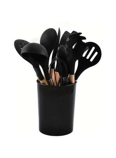 12 Piece Kitchen Utensil Set Silicone Cooking Utensil Kit Spatula Heat-Resistant Wooden Spoon Gadget Tool for Non-Stick Cookware (Black)