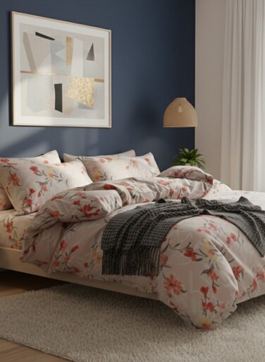Home Queen size 6-piece (1 Duvet cover - 200*230cm. 1 Flat sheet - 230*250cm. 4 Pillow covers - 50*75cm. ). Modern bedding set light beige with orange and red floral. Suitable for queen size bed.