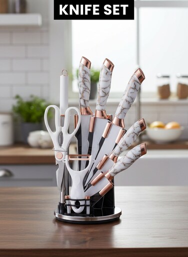 9-Piece Kitchen Knife Set with Acrylic Block and Sharpener, Stainless Steel Non-Stick Coated, Rustproof Rotary Knife Block for Home and Kitchen - Essential Kitchen Knife Set