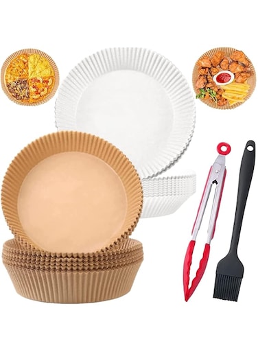 ORDEBOLL 102 PCS Air Fryer Disposable Paper Liner, Non-Stick Baking Parchment, Air Fryer Liners with Food Tong and Baking Brush for Baking Roasting Microwave Frying Pan, 7.8