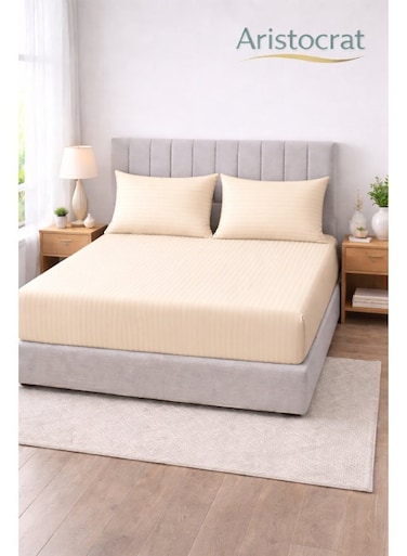 3-Piece Striped Microfiber Fitted Sheet Set Queen 150x200cm &acirc;&euro;&ldquo; Soft Elastic Deep Pocket 17cm Bedsheet with 2 Pillowcases 50x70cm, Cream Microfiber Cream 150X200+17cm