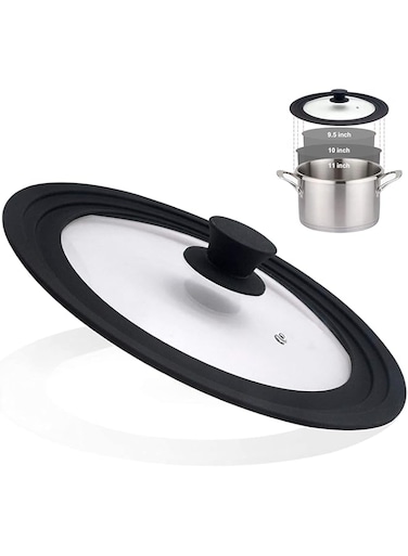 Arabest Universal Lid for Pots and Pans, Heat Resistant Food Safe Skillet Lid with Silicone Rims and Steam Vented, Silicone Universal Lid Fits All 24 to 28cm Diameter Cookware, Dishwasher Safe (Black)