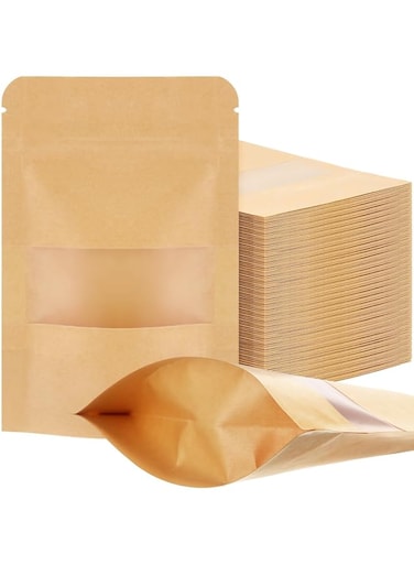 AXIYIBZI 50 Pieces Kraft Bags with Window Kraft Stand up Pouches Bulk 3.5 x 5.5 in Zipper Lock Paper Bags with Tear Notch Resealable for Food Reusable Sealable Treat Bags for Home Packaging Storage
