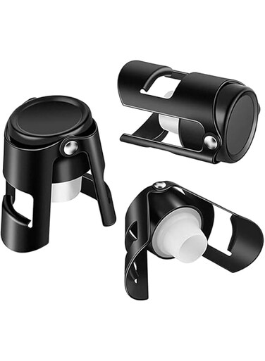 KASTWAVE Champagne Stoppers Stainless Steel Black Sealer Stopper 3 Pack for Champagne Cava Prosecco Sparkling Wine No Leaks No Spills Stainless Steel Sparkling Wine Stopper of Sparkling Wine