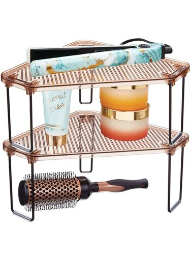 mDesign Corner Plastic/Metal Freestanding Stackable Organizer Shelf for Bathroom Vanity Countertop or Cabinet for Storing Cosmetics Toiletries Facial Wipes Tissues 2 Pack - Amber Brown/Bronze