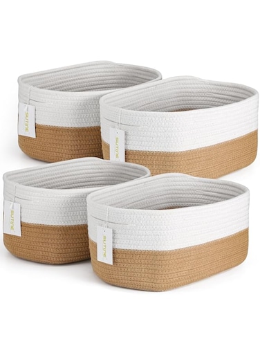 4 Pack Woven Storage Baskets for Organizing, Cube Cotton Rope Baskets with Handle, Rectangle Decorative Basket for Shelves Towels Clothes Books, Gift Basket Bins Toy Storage, Brown &amp; White