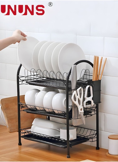Large Dish Drying Rack, 3 Tier Dish Rack with Tray Utensil Holder &amp; Cup Holders, Large Capacity Rustproof Dish Drainer, Drain Board Tray for Kitchen Counter Organizer Storage for Kitchen Counter