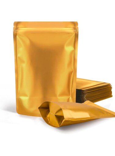 SYOSI Resealable Mylar Bags, Smell Proof Candy Holographic Bags Mylar Vacuum Seal Bags for Food Storage Coffee Beans, Jewelry Packaging, Golden, 50 Pcs, 6.3 x 9.4 Inch