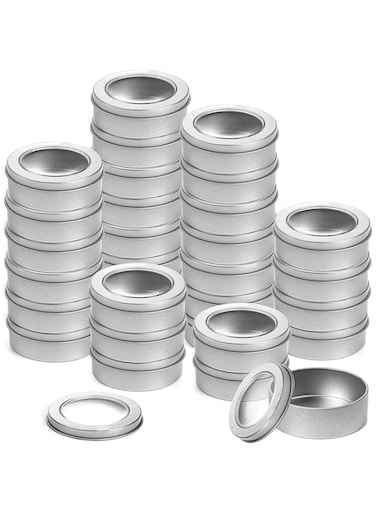 Tazweeq 30 Pack 2 Ounce Metal Tin Cans, Round Empty Containers with Clear Top for Candles, Arts &amp; Crafts, Storage in Kitchen &amp; Office Use, Silvery