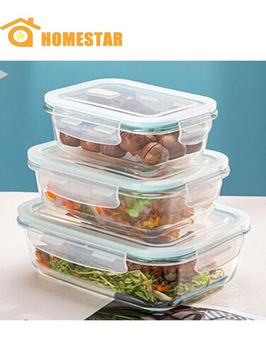 3 Pack Glass Kitchen Meal Prep Containers With Lasting Snap Locking Lids, Microwave/Oven/Freeze, Dishwasher Safe, Blue