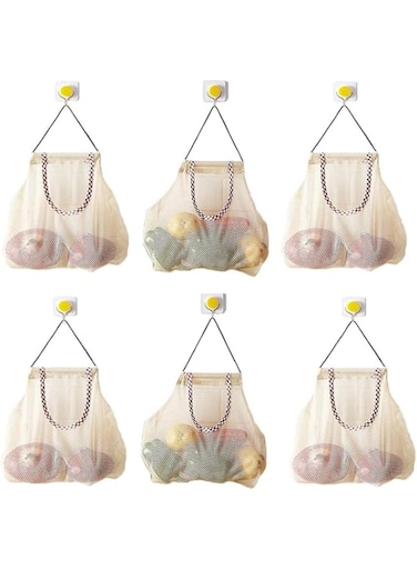 Lomeshow 6pcs Reusable Hanging Storage Mesh Bags Durable &amp; Strong Fruit and Vegetable Mesh Bags/Pulling resistance Storage Tote Bags for Potatoes, Onions or Garbage Bag-Clear