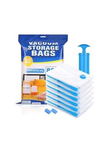 6-Pack Reusable Vacuum Storage Bags With Travel Hand Pump White/Blue 50x70cm