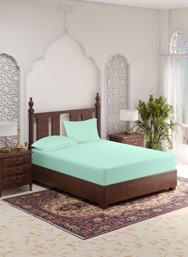 Linen Queen Size Plain Fitted Elastic Bedsheet with 2 Pillow Cases 180 x 200 Cm (Mint Green)