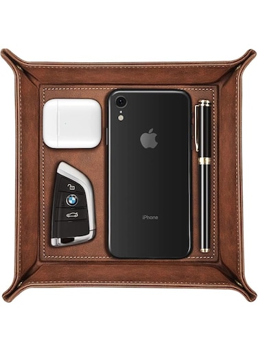 Leather Valet Tray Organiser, Desktop Storage Catchall, Brown PU Leather, Bedside Caddy for Keys, Phone, Wallet, Jewellery