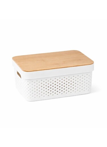 10L Infinity Storage Container with Bamboo Lid - Large Ventilated Plastic Storage Box with Wooden Top - Multipurpose Organizer for Kitchen Pantry, Clothes, Toys, Laundry, Stackable Basket