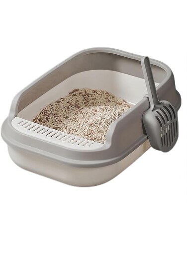 COOLBABY Large Semi-Enclosed Sifting Cat Litter Box with High Side Heightening Anti-Splashing Cat Toilet with Litter Sifting Scoop Removable Prevent Sand Leakage Deodorizing Cat Pan（Athens white）