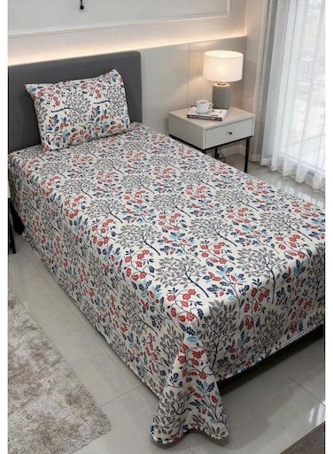 Single size Cotton Blend Flat Bedsheet Set 144 Thread Count Tree Floral Design 240x130 cm