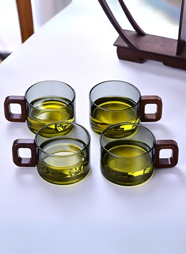 Set of 4 - 200ML Borosilicate Glass Cups with Walnut Acacia Wooden Handle, Heat-Resistant &amp; Elegant Glassware for Tea, Coffee &amp; More, Smoky Grey