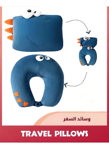 Neck Pillows For Travel,Animal Shaped 2-In-1 Transforming Plush Travel Pillow For Airplane And Car Journeys,Adorable U-Shaped Headrest And Neck Support For Kids And Adults,Navy Dinosaur