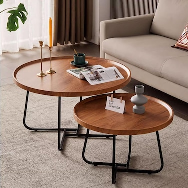 Coffee Table Nesting - Set of 2 Side Set Golden Frame Circular and Marble Pattern Wooden Industrial Tables, Brown