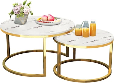 Table Nesting Side Set of 2 End Table Top Sturdy Metal Frame Desk Centerpiece Living Room Bedroom Apartment Modern Industrial Simple Nightstand (white gold frame)
