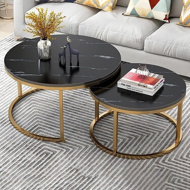 Table Nesting Side Set of 2 End Table Top Sturdy Metal Frame Desk Centerpiece Living Room Bedroom Apartment Modern Industrial Simple Nightstand (Black gold frame)