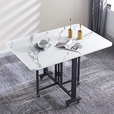 Generic Modern Folding Dining Table, Extendable Drop Leaf Folding Table, Multifunction Expandable, Steel Frame Structure, Easily Bear 400 Kg/880 Lb, White