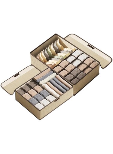 DESALOV 2 Pack Drawer Organizers for Clothing, Foldable Fabric Closet Organizers and Storage Bins for Baby Clothes, Dresser Drawer Dividers for Adult Sock Underwear, Bra, Scarves, Belt, Tie (Beige）