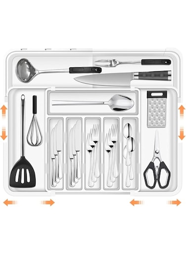 Necomi Larger Cutlery Drawer Organiser with 9 Compartments, 3-sided Expandable Kitchen Drawer Organiser, Non-Slip Utensil Drawer Organiser,Large Drawer Organizer for Spoons, Forks and Knives (White)