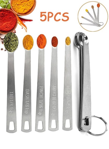 5 Pcs Mini Measuring Spoons Set - Stackable Design 1/4, 1/8, 1/16, 1/32, 1/64 TSP Sizes, Flat Handle Metal Measuring Spoons Made of Durable Stainless Steel for Cooking, Baking &amp; Small Kitchen Tasks