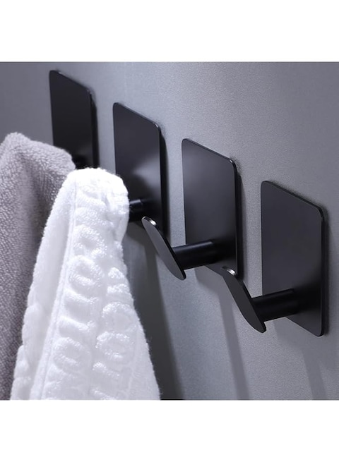 Heatunk Set of 4 Stainless Steel Adhesive Hooks: Towel/Coat Hangers for Bathroom or Kitchen - Easy Stick-On Wall Installation (Black)