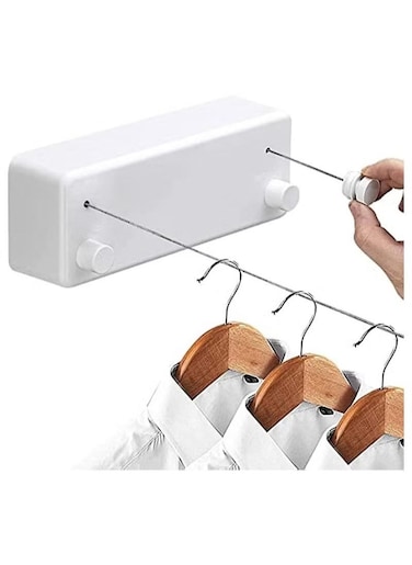 Retractable Clothesline , Indoor Outdoor Wall Mounted Clothes Dryer Rope Clothing Retracting Adjustable Stainless Steel Line, 13.8 Feet, Double line, white