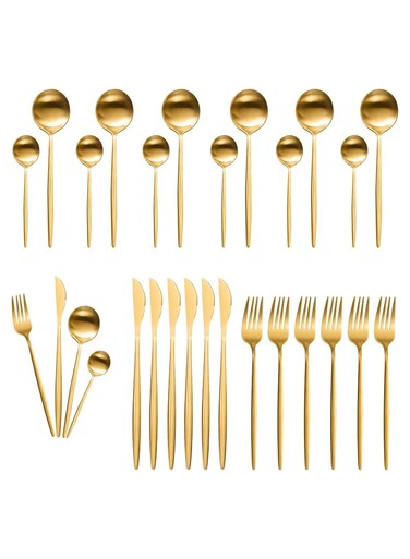 Flatware Set for 6 Persons, 24-Piece Stainless Steel Cutlery Set Including Knives, Forks, Spoons Mirror Polished, Flatware Set for Kitchen, Restaurant, Hotel, Dishwasher Safe (Gold)