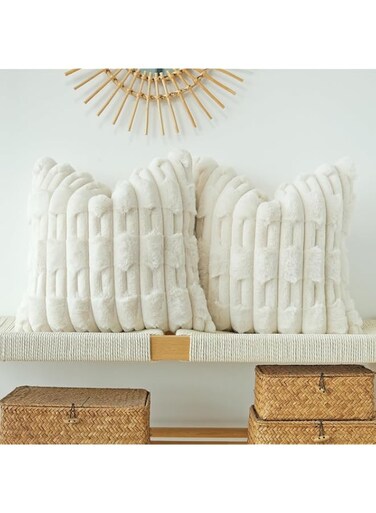 SYOSI 2 Pack Faux Fur Plush Decorative Throw Pillow Covers Couch Cushion Case Soft Boho Striped Pillowcases Beige 18 x 18 Inch