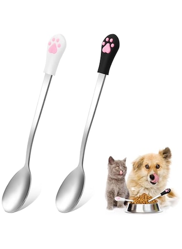 Styquenzer 2 Pcs Dog Cat Spoon Pet Can Spoon Stainless Steel Cat Claw Spoon Cat Spoons for Wet Food Long Handle Cat Food Scoop Pet Feeder Spoon for Dog and Cat Food Can (White and Black)