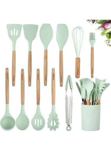 LLC 12 Pieces Silicone Kitchen Utensil Wooden Handles Kitchen Spatula Sets with Holder Spoon Turner Tongs(Mint Green)