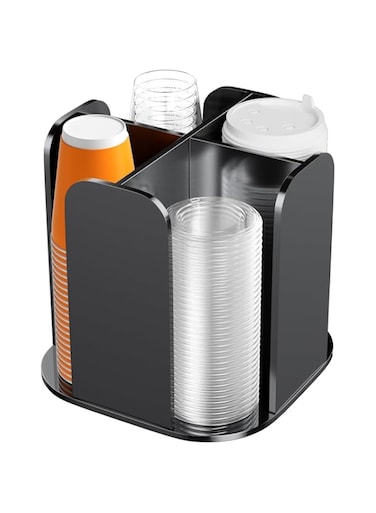 Beego Coffee Cup Holder Organizer - Rotatable 4 Compartments Black Acrylic Cup Dispenser Station With Lid Carousel - Countertop Plastic Cup Holder for Restaurant Breakroom Bar Accessories