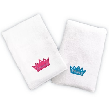 BYFT Iris Embroidered For You Hand Towel 50 x 80 Cm 600 Gsm White 100% Cotton Princess &amp; Prince Blue-Pink Thread Set of 02