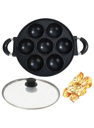 Japan large aperture takoyaki pan with glass cover,cake mold baking pan,fry eggs,Poffertjes pan,Appam pan,Banh khot pan,cupcake pan,takoyaki maker,Nonstick, (7 Hole)
