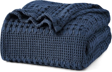 Queen Size 230 cm x 230 cm 100% Cotton Waffle Weave Blanket &acirc;&euro;&ldquo; Pre-Washed Lightweight Breathable Throw for Bed, Couch or Sofa, Oeko-TEX Certified, Navy Blue