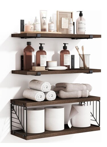 3+1 Tier Bathroom Floating Shelves Over Toilet, 15.8in Farmhouse Rustic Wood Shelves, Wall Decor for Bathroom, Living Room,Bedroom and Kitchen (Brown)