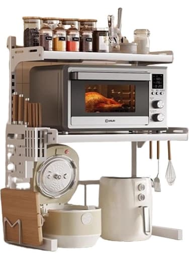 Metal Microwave Oven Rack Expandable Kitchen Utensils Tableware Storage,3 Tier Adjustable Microwave Oven Rack with 6 Hooks Chopping Block Frame Tool Holder Chopsticks Tube, White