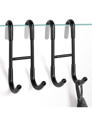 NINETREX Shower Door Towel Hooks,Over Glass Door Black Hook for Bathrooms,Towel Rack Heavy Duty 304 Stainless Steel for Towels Frameless Glass Door,Coats,Squeegee,loofah,2 Pack,Black