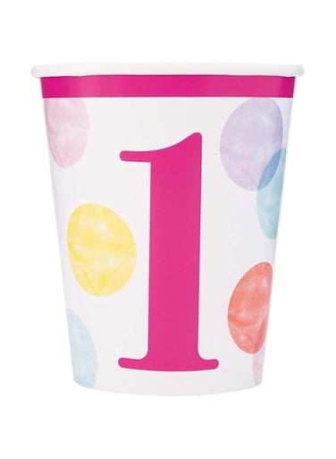 Unique Party 73286 9oz Pink Dots 1st Birthday Paper Cups, Pack of 8