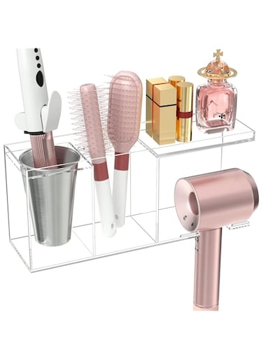 HIIMIEI Hair Tools Organizer Wall Mount Clear Acrylic Hair Dryer Holder Wall Mounted Vanity Bathroom Wall Blow Dryer Organizer Storage for Accessories, Makeup, Toiletries