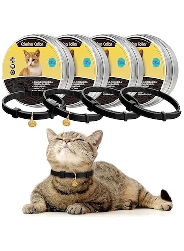 4 Pcs Calming Cats Collar Adjustable Cat Calm Collar Lavender Scent Relaxing Cat Collar with 2 Pendant for Puppies Cats Reduce Stress Aggression Anxious, up to 15 Inches (Black)