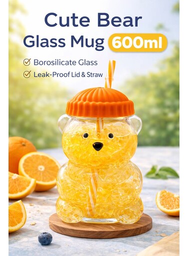 Aswaaq Cute Bear Glass Cup 600ML   Handmade Borosilicate Tumbler with Straw &amp; Silicone Lid   Aesthetic Coffee Mug for Iced Coffee, Boba &amp; Tea   Microwave Safe   Fast UAE Delivery 6 Vibrant Colors [Orange]