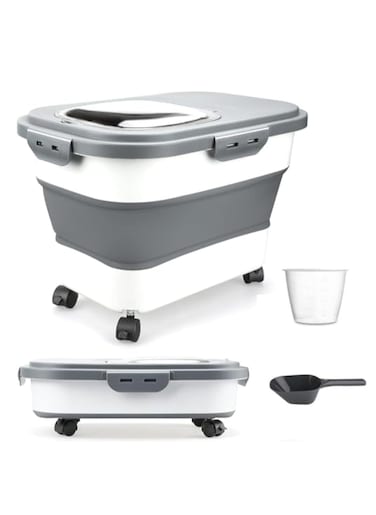 Rice Storage Containers with Scoop and Measuring Cup, Collapsible 10 to 30Lbs Food Storage Bin Dispenser with Rolling Wheel and Clear Airtight Lid, Flour, Sugar, Cereal and Dog Cat Pet foo