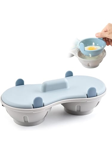 Rayyan Poached Egg Maker, Microwave Double Egg Poacher Maker with Lid, Detachable Drain Basket Poached Egg Cooker Steamer, Gadget for Kitchen (Grey with Blue)
